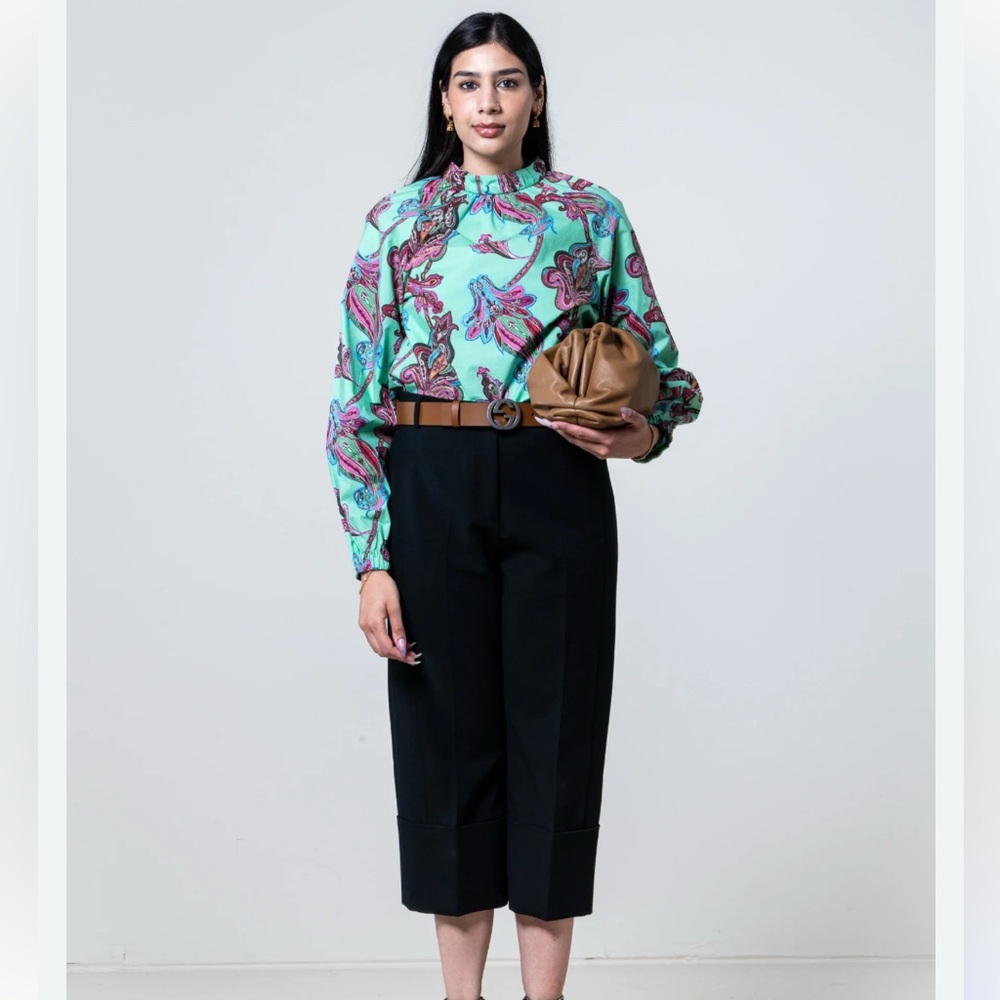 NWT Tibi shirred-neck paisley cotton blouse in light green.